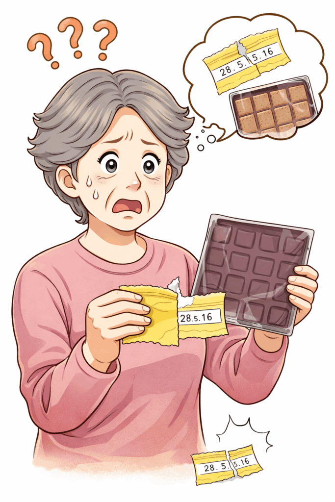 包装を破ったことで賞味期限表示が消え、困惑しながら内装の菓子トレーを見つめる初老女性のイラスト