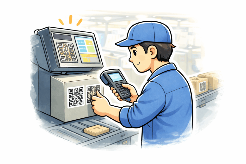 工場の現場で、青い作業着のスタッフが印字されたQRコードを確認しているイラスト。印字機器の画面や箱に表示されたコードを通して、情報を伝える役割を表現している。
