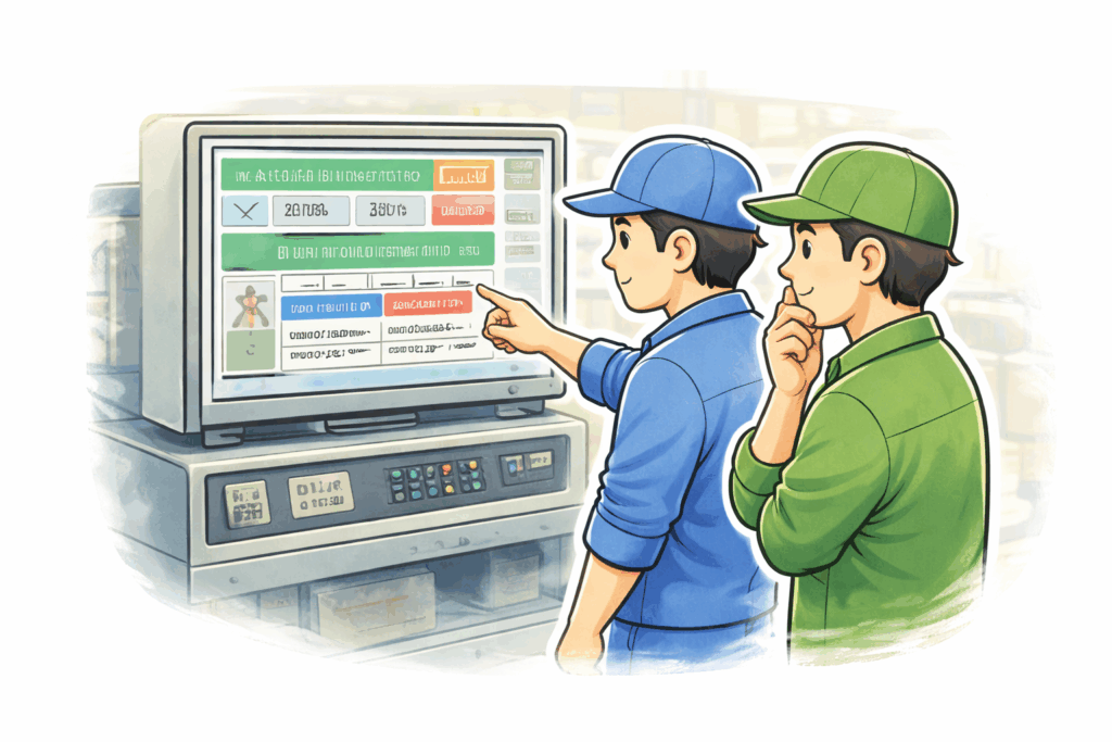 青と緑の作業着を着たスタッフ2人が、大きな管理画面を見ながら工程情報を確認しているイラスト。コード印字が生産管理や追跡に役立つ様子を表している。