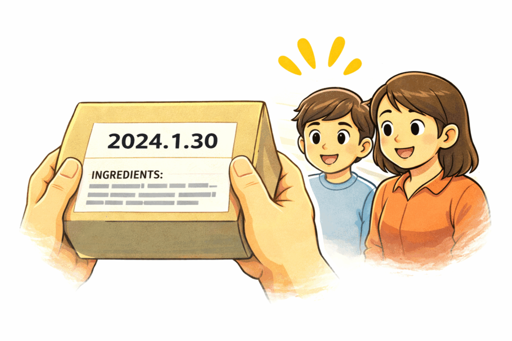 賞味期限や成分表示が見やすく印字された商品を手に持ち、親子が安心した表情で見ているイラスト。消費者にとって役立つ表記の大切さを表現している。