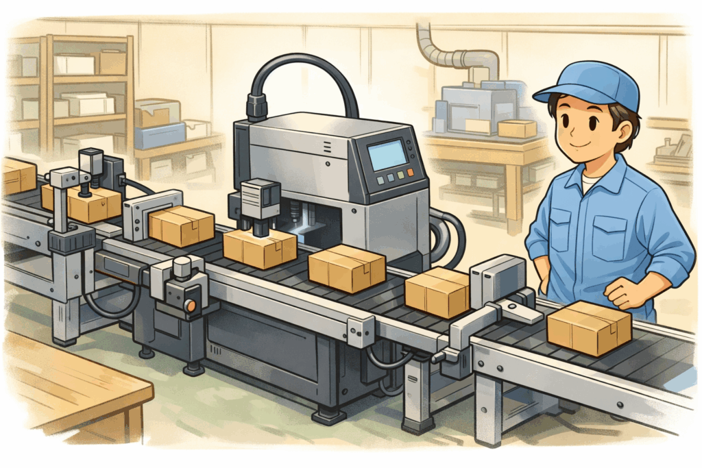 産業用インクジェット本体を中心に、搬送コンベア、ガイド、センサー、受け渡し部分までそろった印字工程ラインを、作業者が安心して確認している漫画風の工場イラスト。