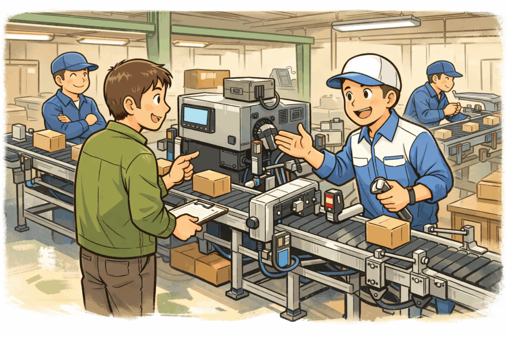 省力化機器の専門スタッフが、産業用インクジェット本体と搬送コンベア、ガイド、治具、センサーを含む周辺機器の構成をユーザーと一緒に確認している工場の漫画風イラスト。