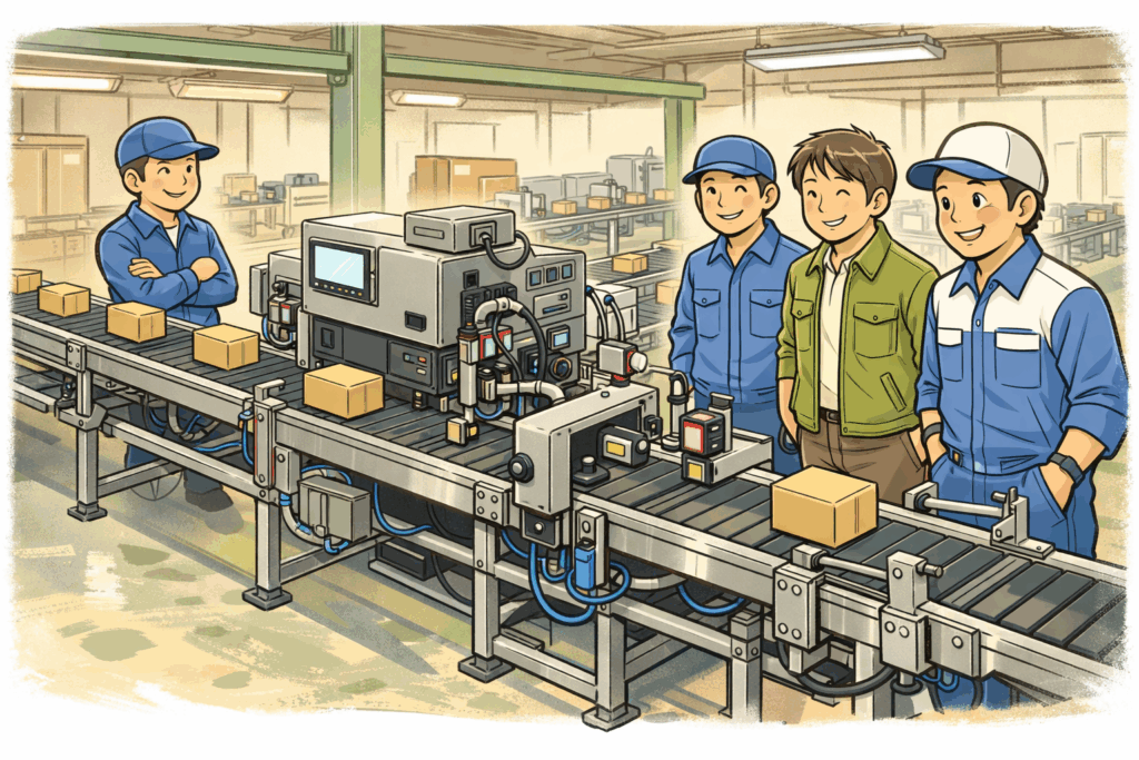 産業用インクジェット本体と搬送コンベア、ガイド、治具、センサーが整った印字工程ラインのそばで、作業者、ユーザー、専門スタッフが安心した表情で確認している漫画風の工場イラスト。