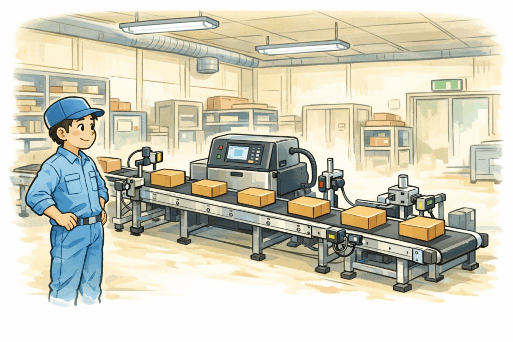 産業用インクジェット本体と搬送コンベア、ガイド、センサーを含む印字工程ラインを、作業者が安心して見守っている横長の漫画風工場イラスト。