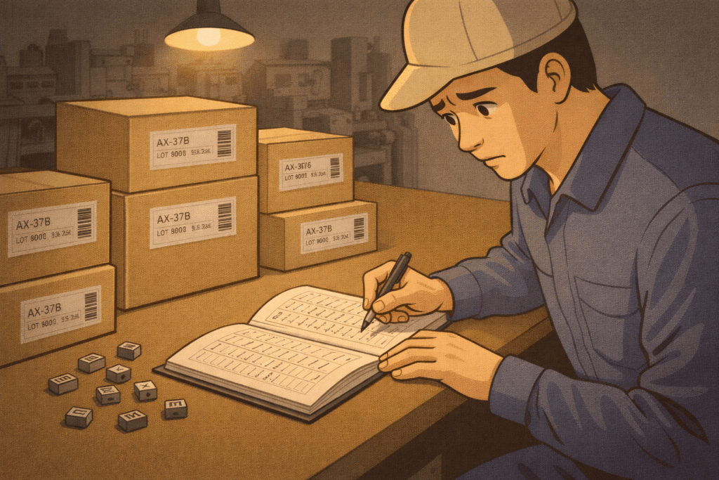 捺印情報を台帳に手書きで記録している様子